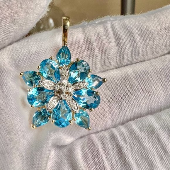 Vintage Blue Topaz Cluster with Diamond Pendant, Blue Topaz Jewelry - Picture 3 of 8